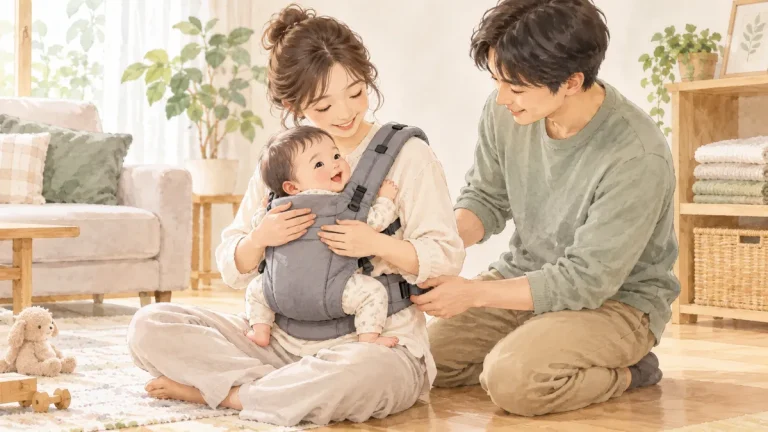低い姿勢で赤ちゃんを支えながら、二人の大人が抱っこひもの装着状態を確認している様子