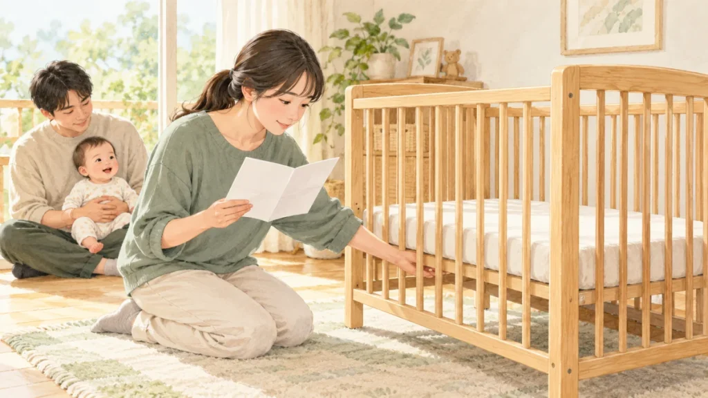 説明書を見ながら空のベビーベッドの低い床板を確認する保護者と、離れた場所で別の大人に抱かれる赤ちゃんのイラスト