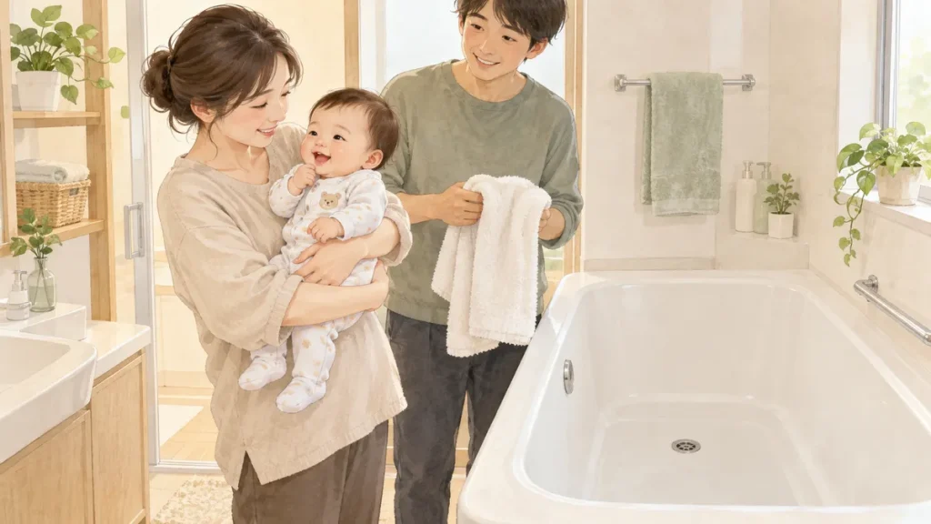 赤ちゃんを両腕で抱いた大人と、タオルを用意するもう一人の大人が、空の浴槽のそばで入浴を準備する様子