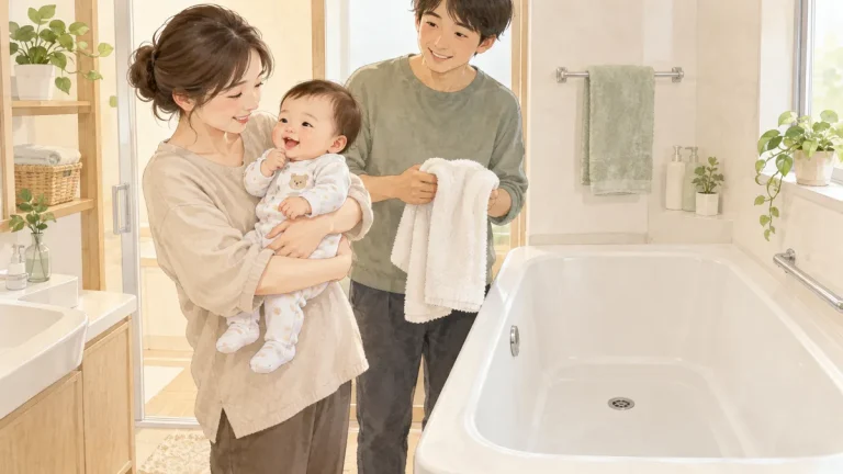 赤ちゃんを両腕で抱いた大人と、タオルを用意するもう一人の大人が、空の浴槽のそばで入浴を準備する様子