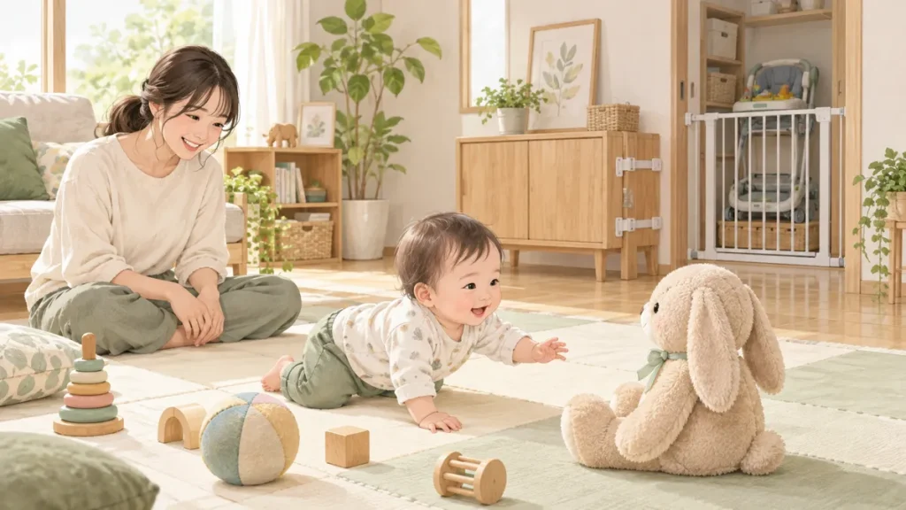 見守る大人のそばで赤ちゃんが床のマットではいはいし、使っていない歩行器はゲートの向こうに片付けられている様子