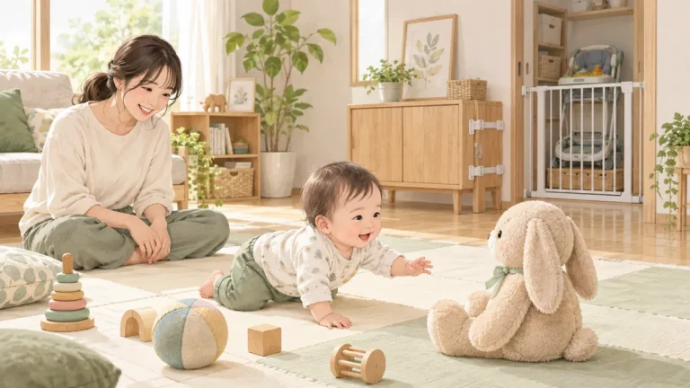 見守る大人のそばで赤ちゃんが床のマットではいはいし、使っていない歩行器はゲートの向こうに片付けられている様子