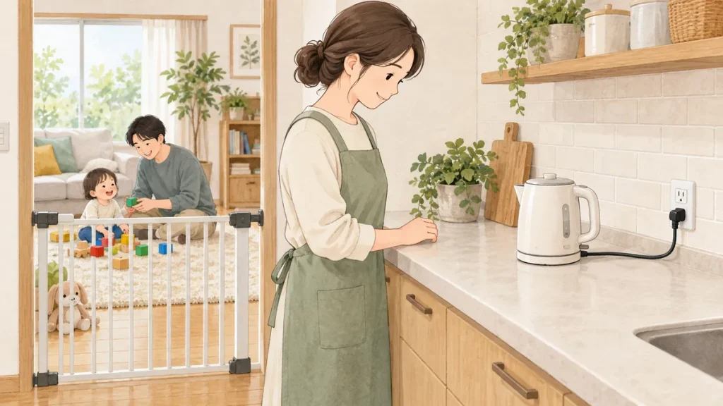 安定したキッチンカウンターの奥に電気ケトルを置き、垂れていないコードを確認する保護者