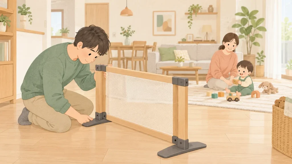 平らな床で自立式ベビーゲートの足元と接続部を点検する保護者と、別の大人のそばで遊ぶ幼児のイラスト