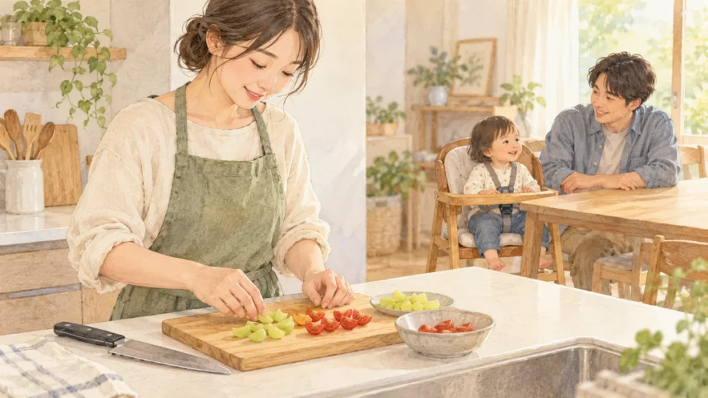 子ども用のぶどうとミニトマトを台所で準備する保護者と、離れた食卓で大人に見守られる幼児のイラスト