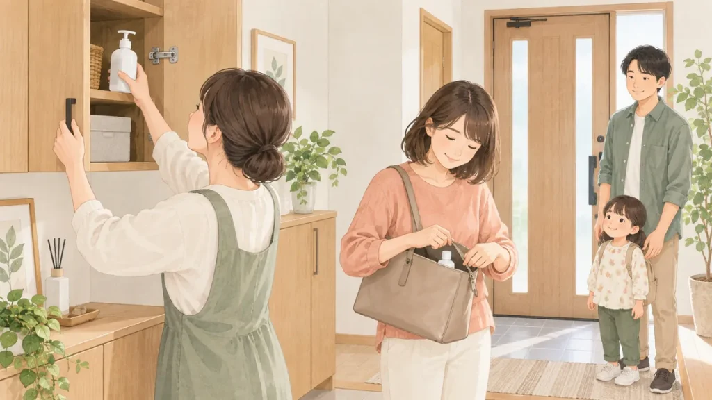 手指消毒液のボトルを高い戸棚へ戻し、携帯用ボトルを入れたバッグも大人が管理している様子