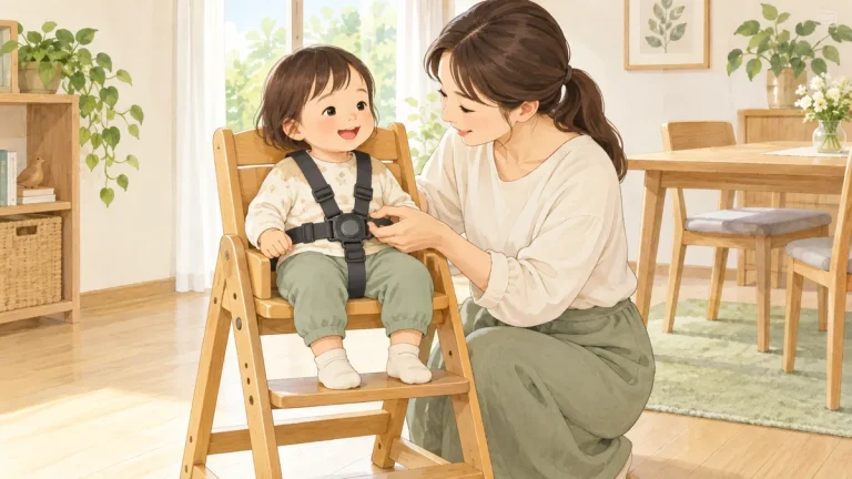 ハイチェアに座った幼児の安全ベルトとバックルを、すぐそばの保護者が確認する様子