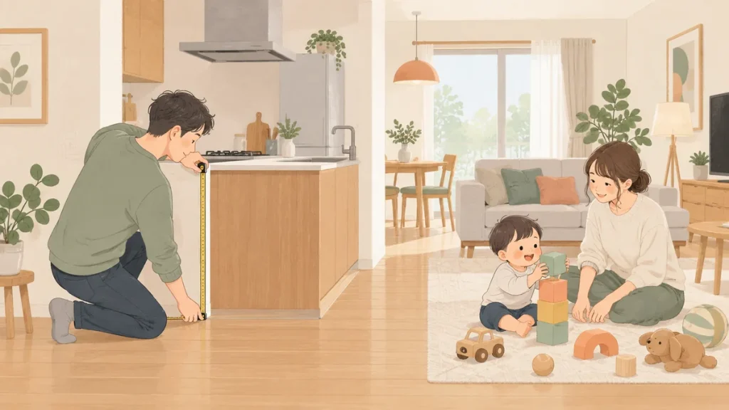 キッチン入口を採寸する保護者と、離れたリビングで別の大人に見守られて遊ぶ幼児のイラスト