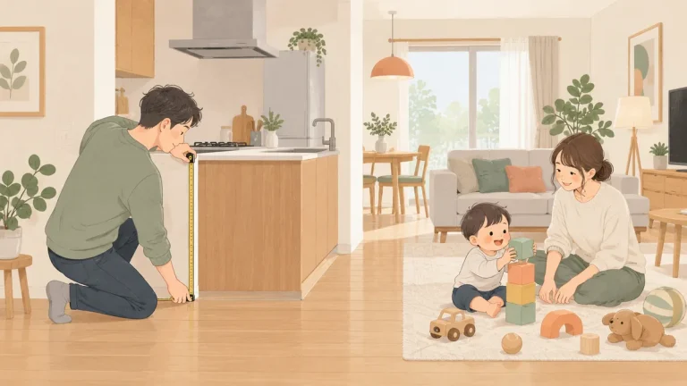キッチン入口を採寸する保護者と、離れたリビングで別の大人に見守られて遊ぶ幼児のイラスト