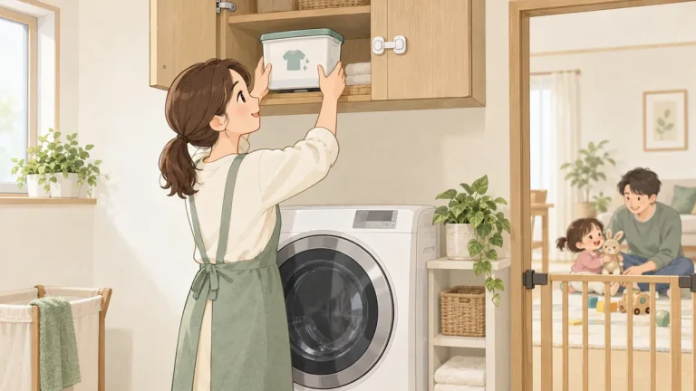 ふたを閉めた洗濯用洗剤の容器を高い収納へ戻す保護者と、ゲートの外で家族に見守られて遊ぶ幼児
