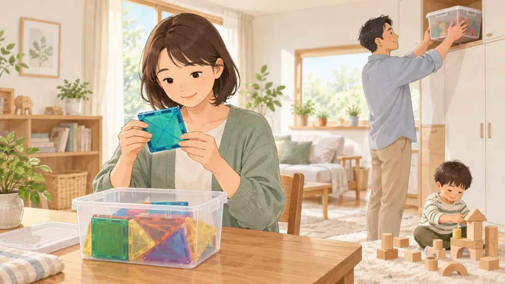 大きな磁石内蔵おもちゃのひび割れを点検し、専用の収納へ戻す保護者と、離れた場所で積み木で遊ぶ子ども
