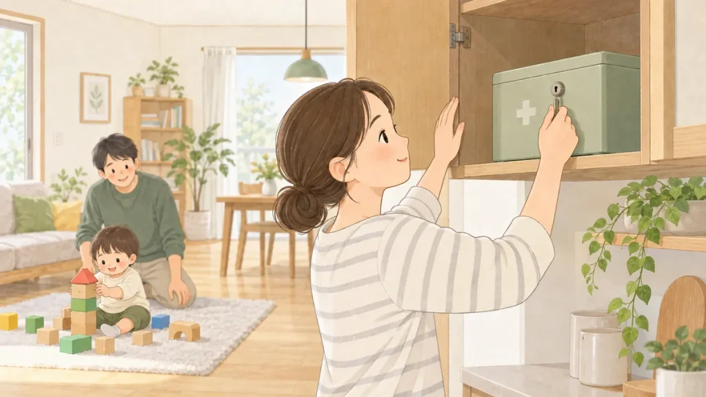 子どもが離れた場所で家族と遊ぶ間に、高い収納の鍵付き薬箱を施錠する保護者