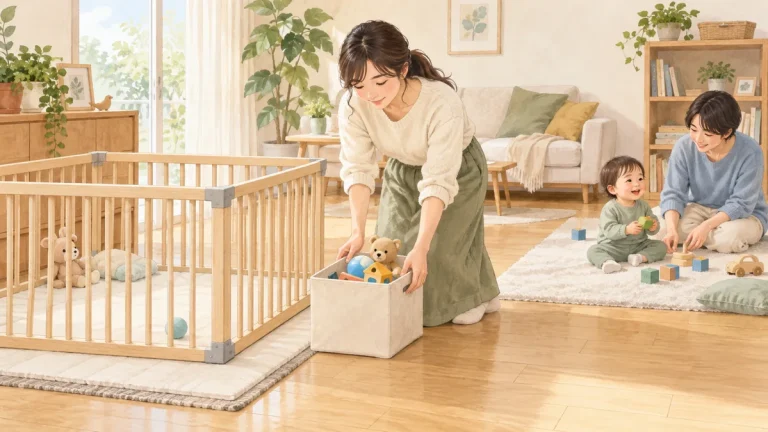 空のベビーサークルのそばから収納箱を移す保護者と、離れた場所で別の大人に見守られて遊ぶ幼児のイラスト