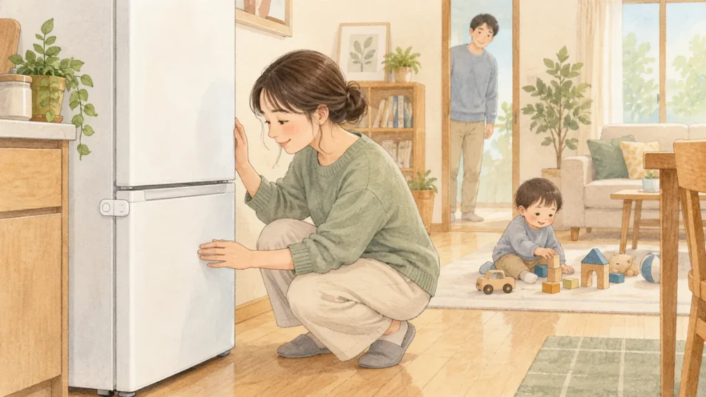 閉じた冷蔵庫の下段引き出しを確認する保護者と、離れたリビングで別の大人に見守られて遊ぶ幼児のイラスト