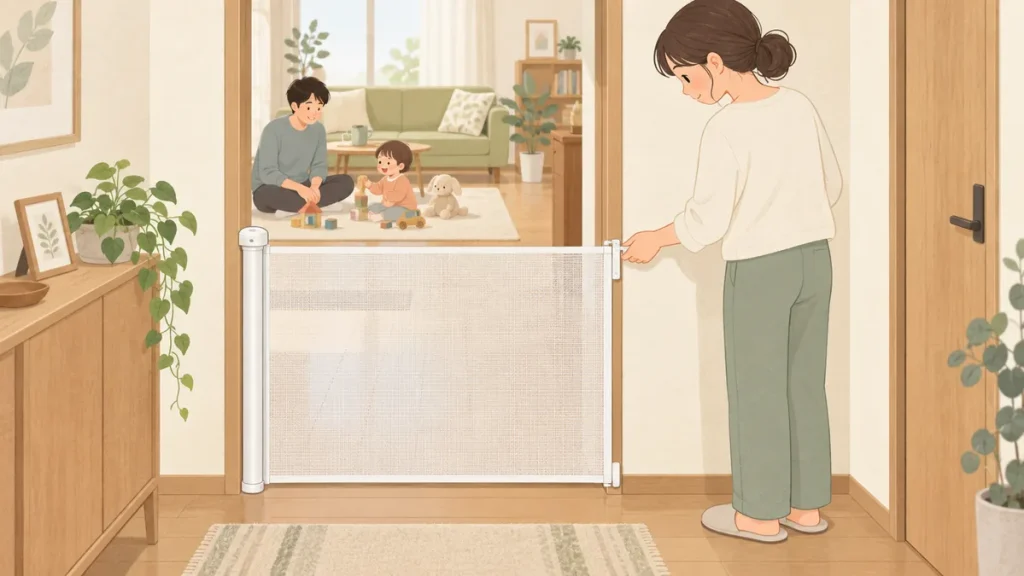 同じ高さの床の出入口でロール式ゲートの受け金具を確認する保護者と、別の大人に見守られて奥の部屋で遊ぶ幼児のイラスト
