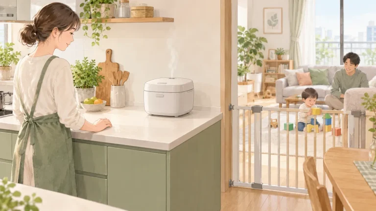 高いカウンターの炊飯器と子どもの遊ぶ場所を、閉じたキッチンゲートで分けている家庭の様子
