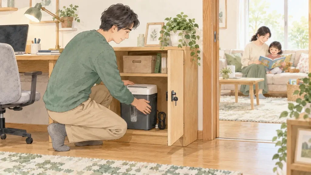 使用を終えたシュレッダーと抜いた電源プラグを、大人が鍵付きの低い収納へ片付けている様子