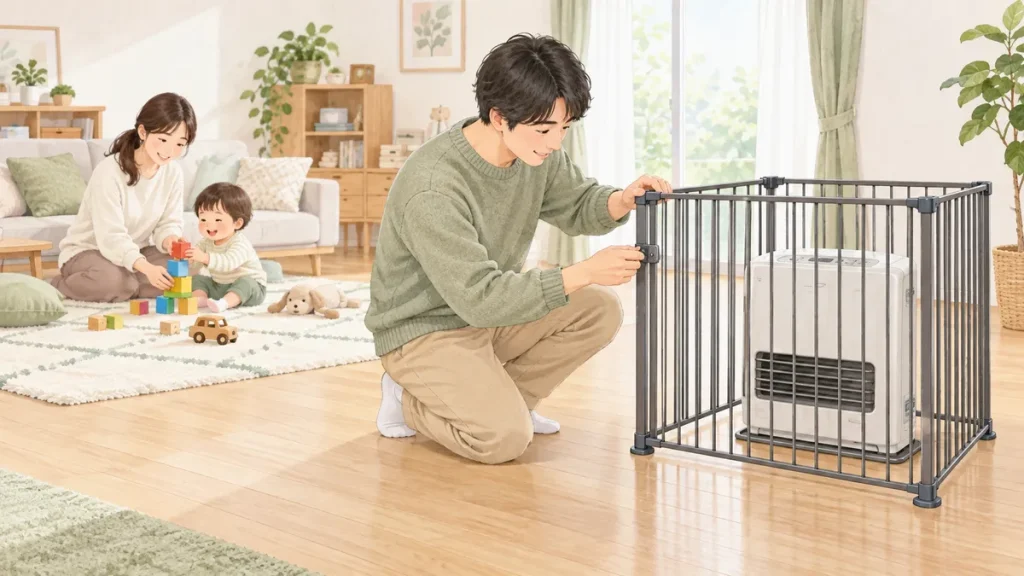 電源を切った暖房器具の安全柵を点検する保護者と、離れた場所で家族と遊ぶ幼児