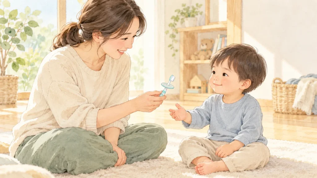 床に座った幼児のそばで子ども用の歯ブラシを渡す準備をする保護者のイラスト