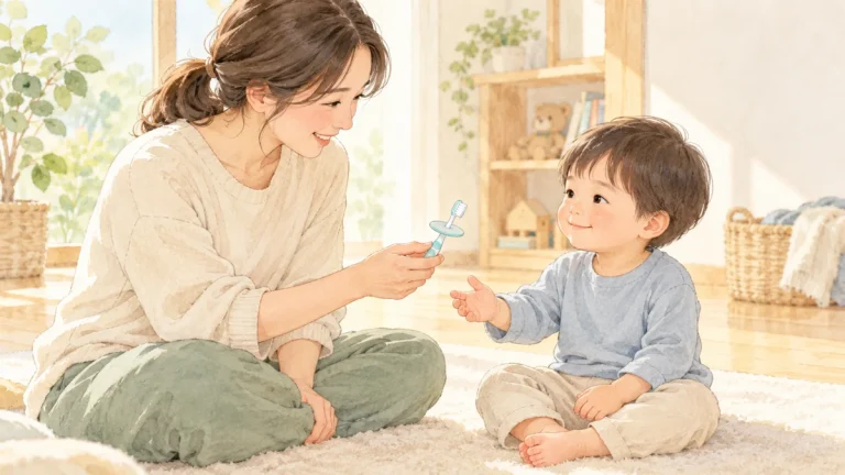 床に座った幼児のそばで子ども用の歯ブラシを渡す準備をする保護者のイラスト