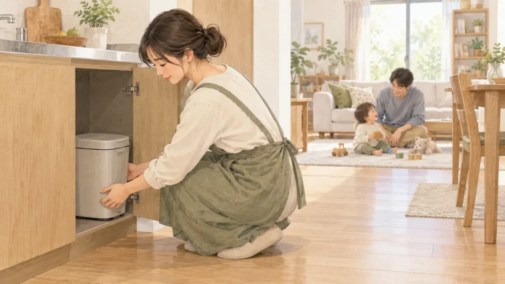 ふたを閉じた小型ゴミ箱を収納内へ入れる保護者と、離れたリビングで別の大人に見守られる幼児のイラスト
