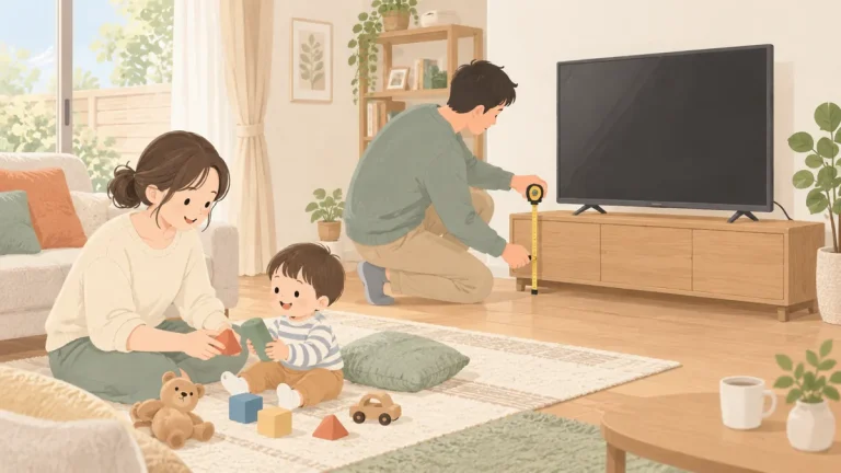 テレビとテレビ台を採寸して点検する保護者と、離れた場所で別の大人に見守られて遊ぶ幼児のイラスト