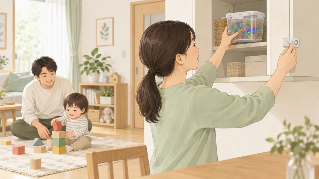 色付きの吸水ビーズを容器に入れ、高い戸棚で子どもが取り出せないよう管理する様子