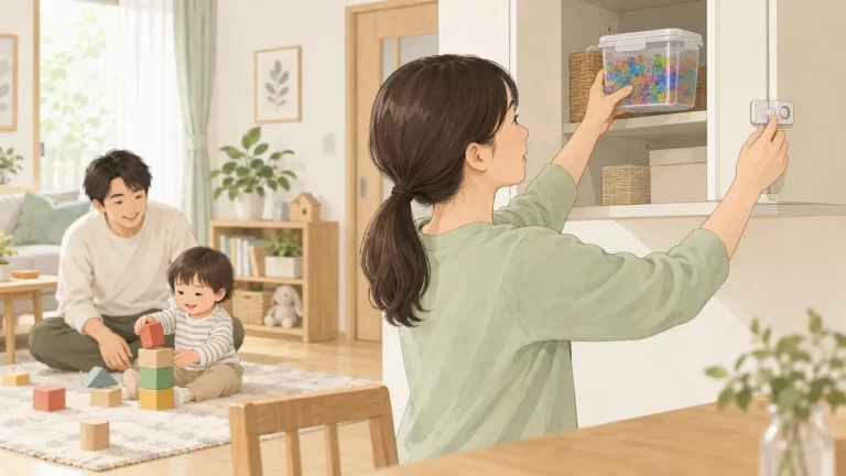 色付きの吸水ビーズを容器に入れ、高い戸棚で子どもが取り出せないよう管理する様子
