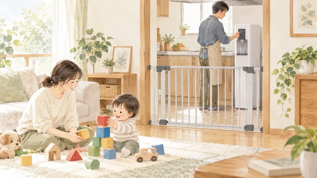 閉じたキッチンゲートの内側で大人がウォーターサーバーを確認し、子どもは別の大人とリビングで遊んでいる様子