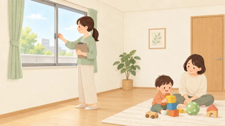 閉じた窓の鍵を点検する保護者と、窓から離れた場所で別の大人に見守られて遊ぶ幼児のイラスト