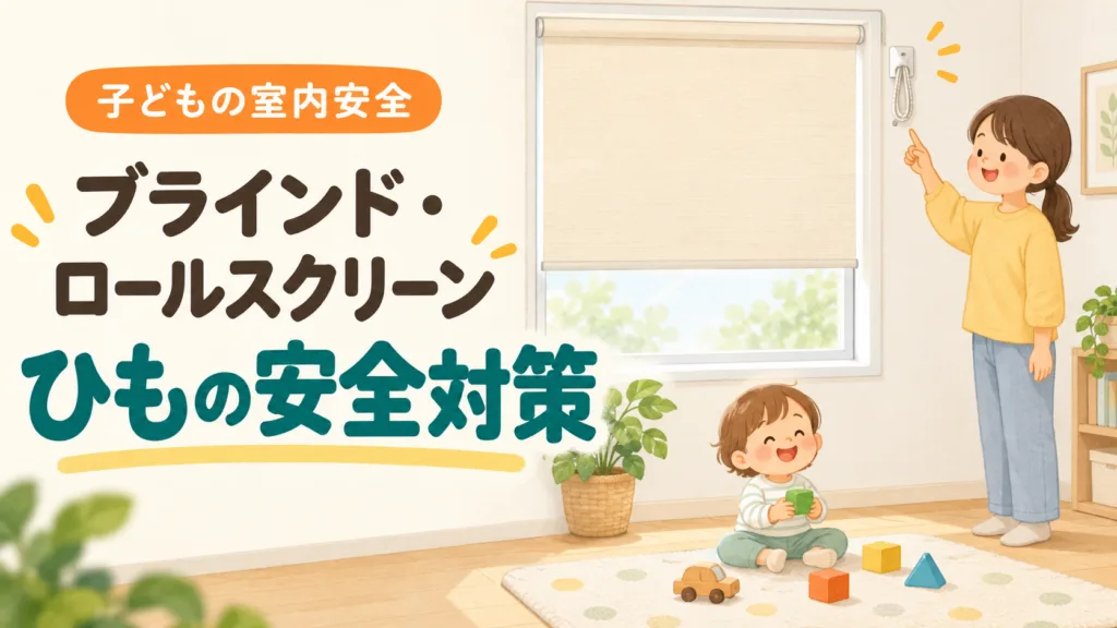 ブラインドのひもを高い位置にまとめ、窓辺の安全を確認する保護者と幼児のイラスト