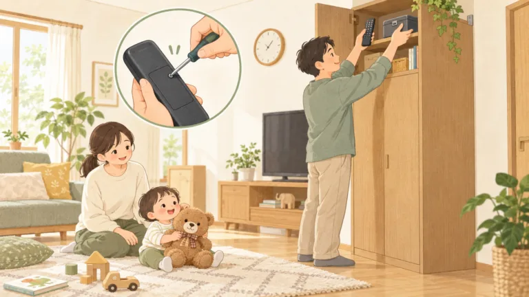 リモコンと電池保管ケースを高い収納へ戻す保護者と、電池蓋のネジを締める点検イラスト