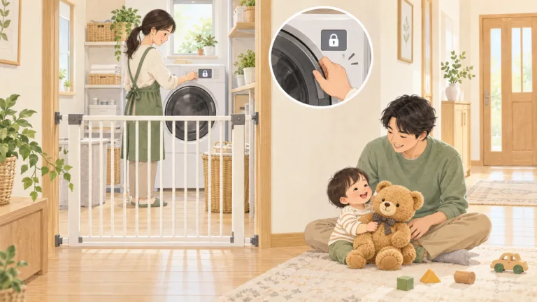 閉じたドラム式洗濯機のロックを確認する保護者と、脱衣所のゲートの外で見守られて遊ぶ幼児