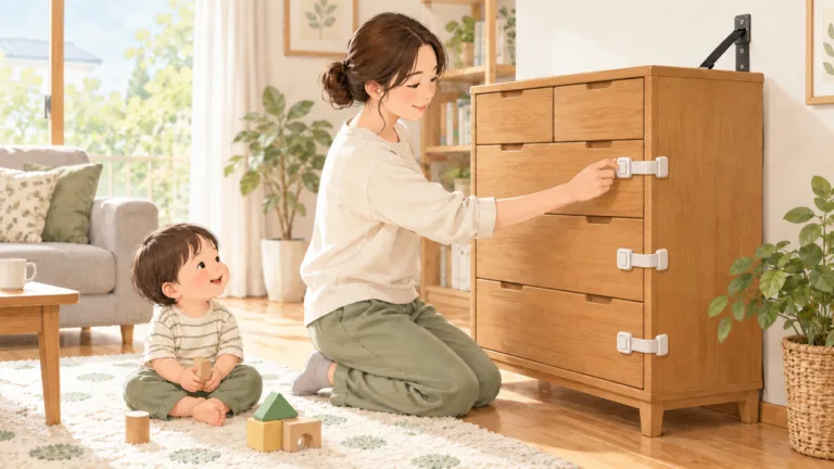壁に固定したチェストの引き出しロックを確認する保護者と、床で遊ぶ幼児のイラスト